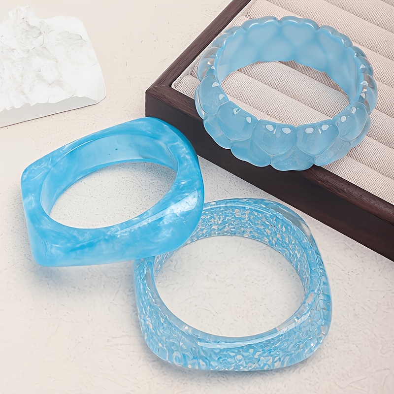 3pcs Blue Ocean Series Stackable Resin Bracelets, Beach Style